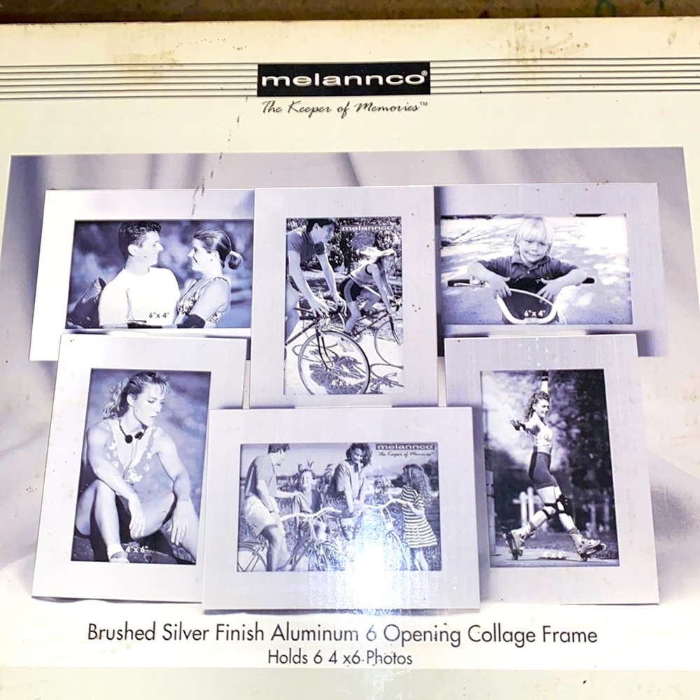 NIB MELANNCO BRUSHED SILVER ALUMINUM COLLAGE FRAME HOLDS SIX 4”x6” FRAMES